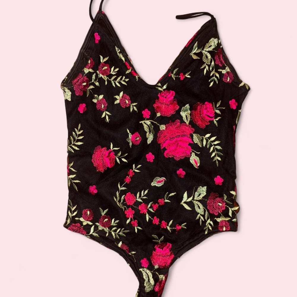 Windsor Black Bodysuit with Pink Rose & Green Leaf Embroidery
